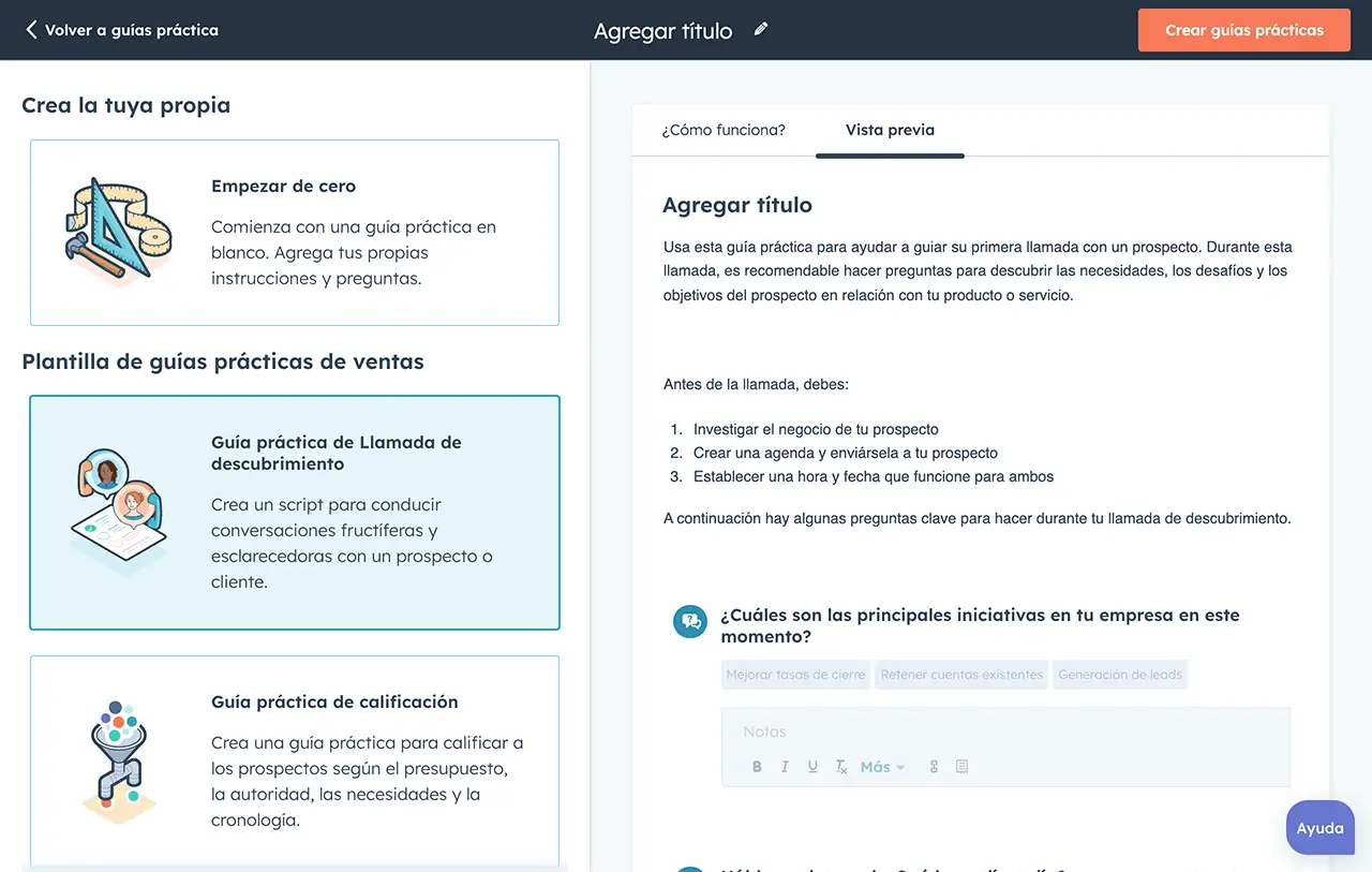 Captura de pantalla del software de HubSpot mostrando las opciones para crear un nuevo guion de ventas.